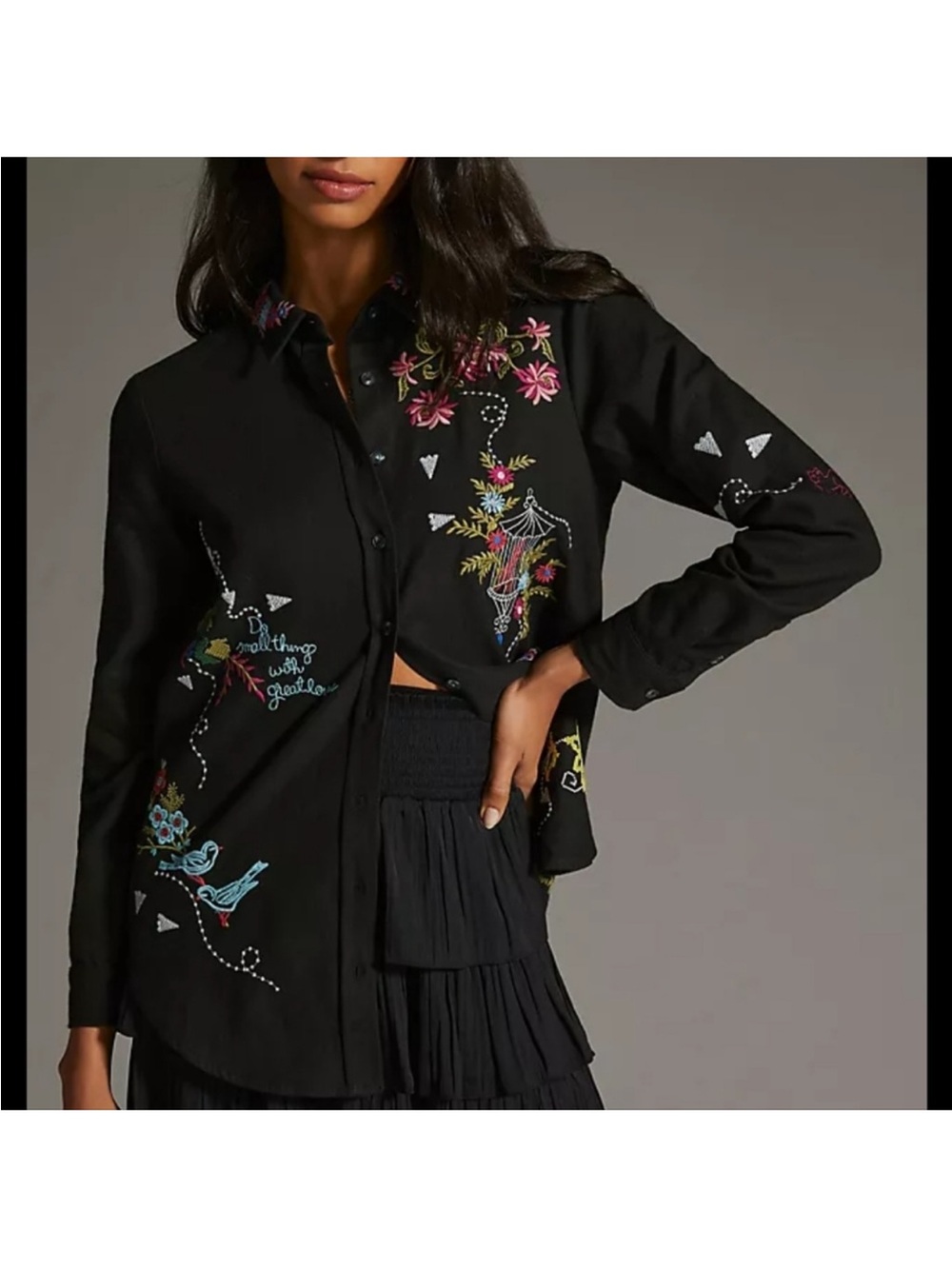Pilcro Black Button-Up Shirt with Colorful Floral & Butterfly Embroidery